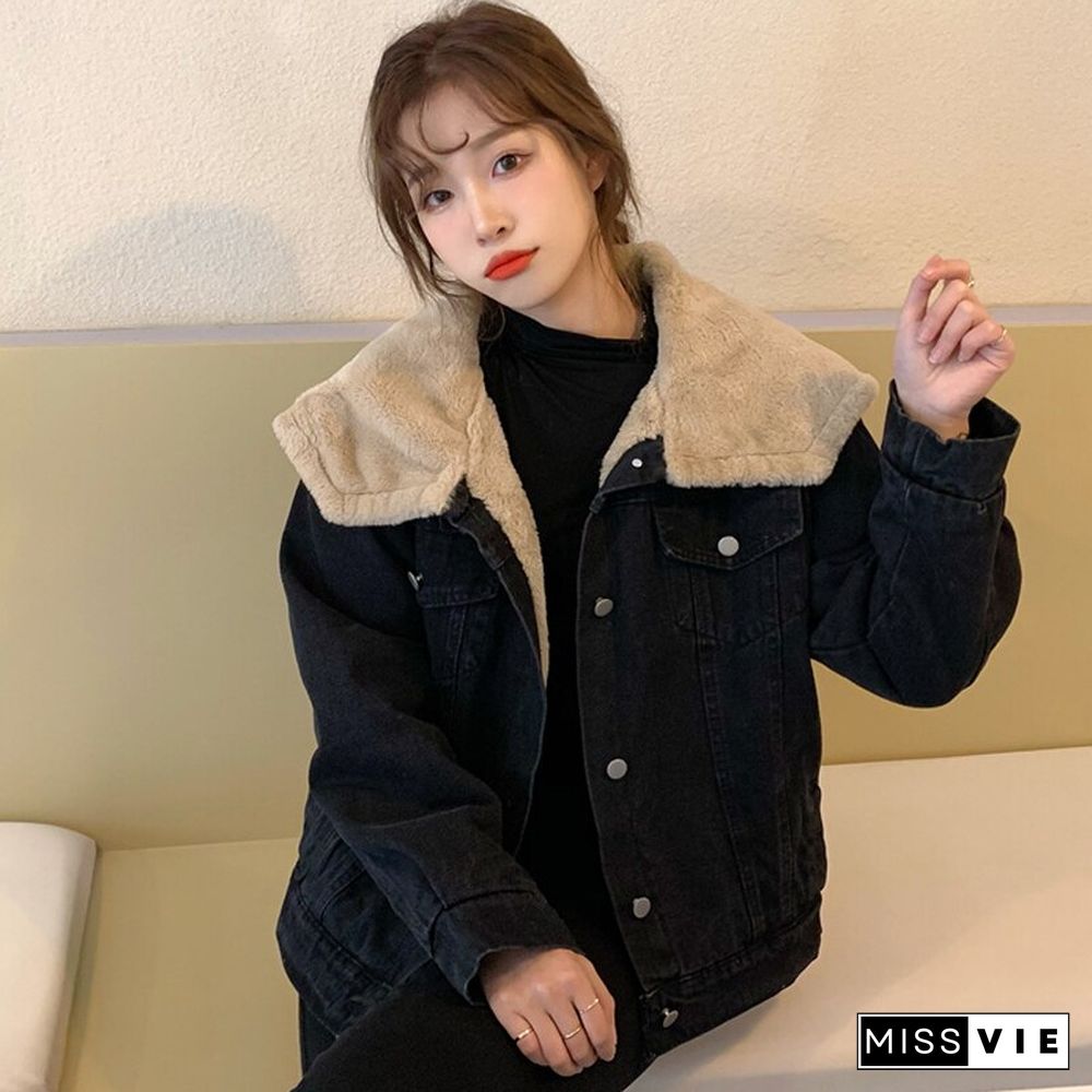 Autumn Fur Denim Jacket Women Loose Causal All Match Black Coat Korean Fashion Turndown Collar Long Sleeves Outwear New