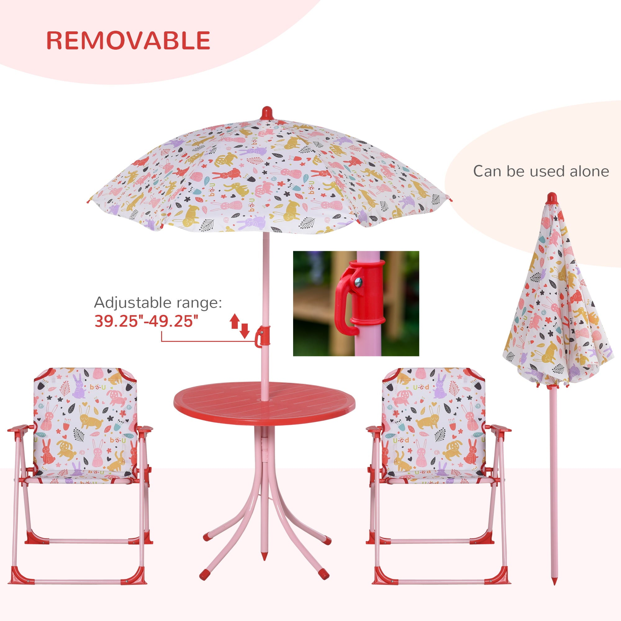 Outsunny Kids Folding Picnic Table and Chair Set with Removable and Height Adjustable Umbrella， Red