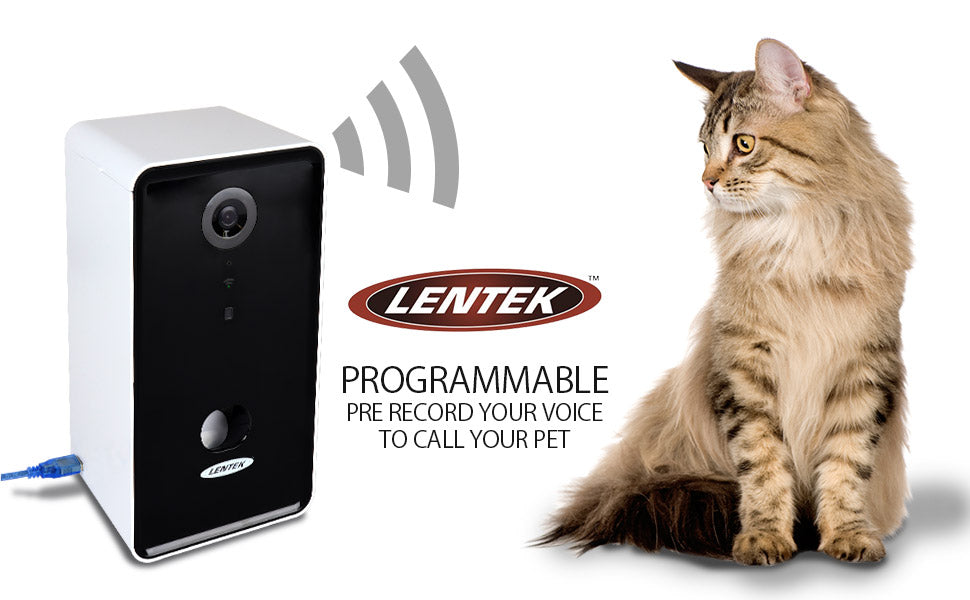 Lentek Smartphone-Controlled Pet Treat Dispenser with Camera and Two-Way Communication， WiFi-Enabled Programmable Treat Dispenser， 10 oz. Capacity， for Cats， Dogs， Rabbits， and more