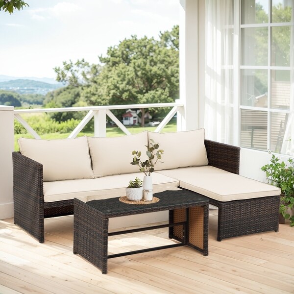 3 Pieces Patio Conversation Set，All Weather Outdoor PE Rattan Wicker Furniture Set with Cushions，Tempered Glass Coffee Table