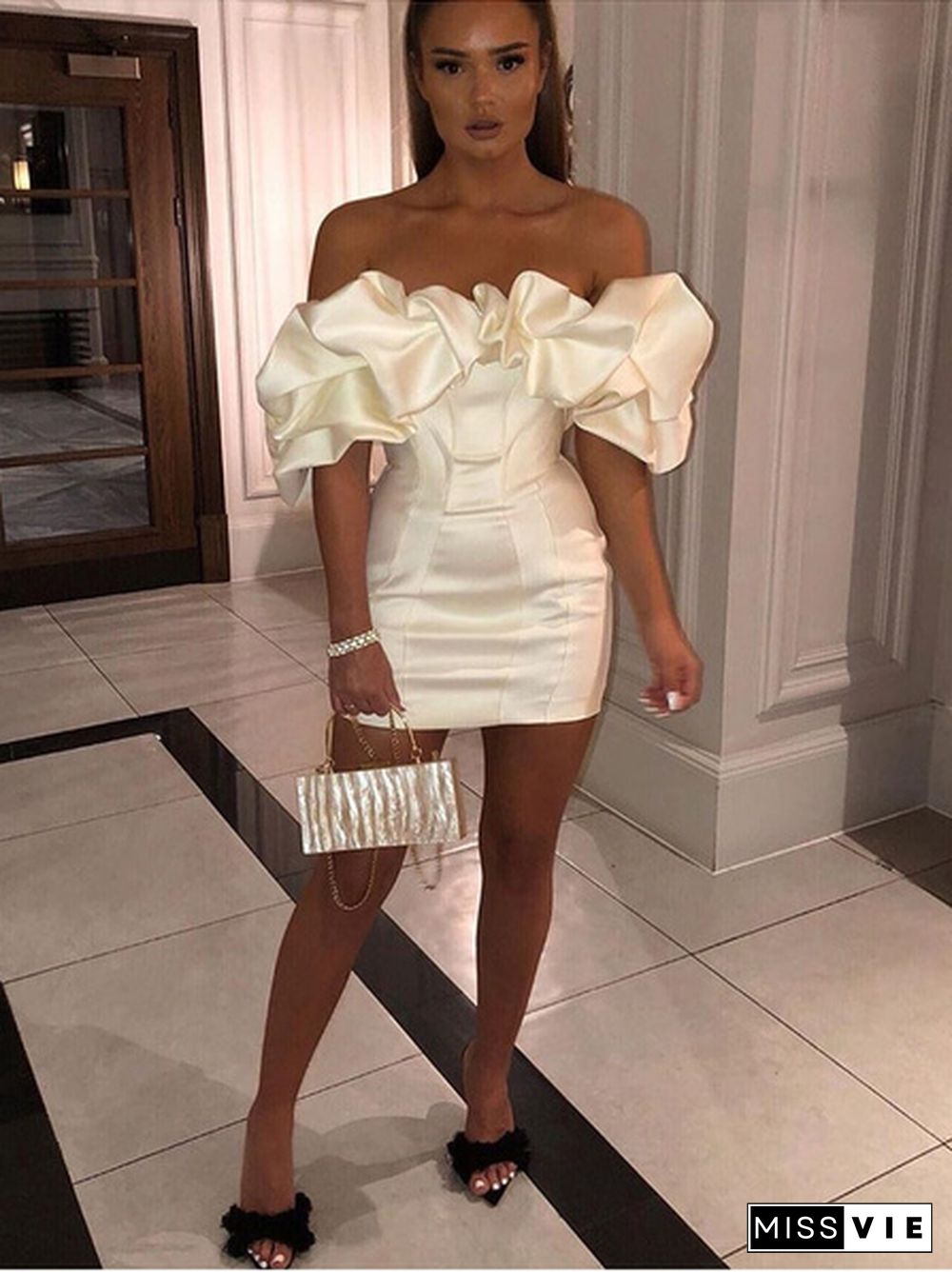 Garden Ruffe Off Shoulder Sexy Dress Women Classic White Elegant Party Dresses Club Wear Slim Fit Bodycon Dress Mini