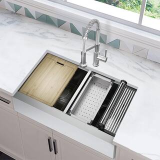 Glacier Bay Zero Radius FarmhouseApron-Front 16G Stainless Steel 36 in. Double Bowl Workstation Kitchen Sink Spring Neck Faucet FSU1ZAS3621A0SA