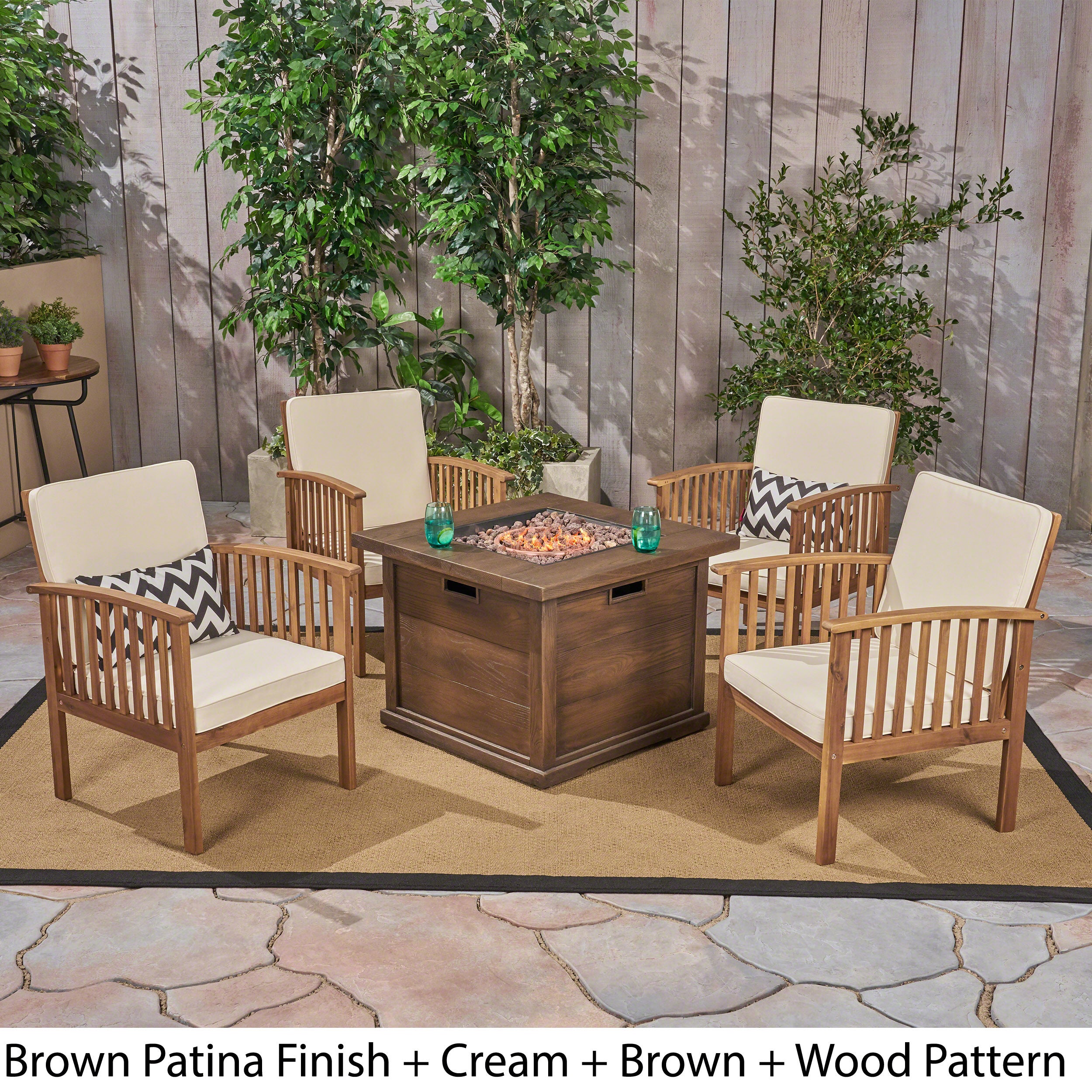 Cape Outdoor 4-Seater Acacia Wood Club Chairs with Firepit