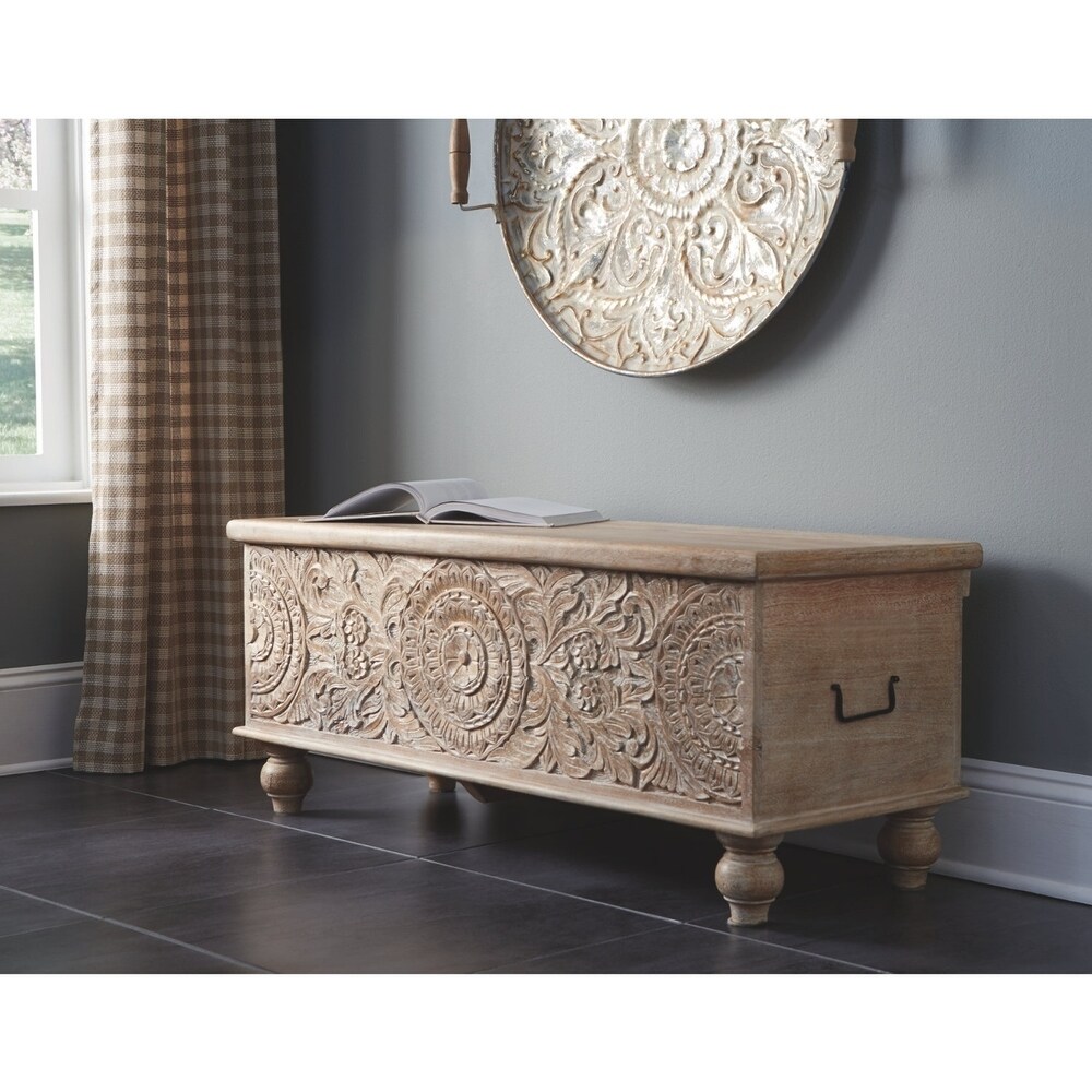 Fossil Ridge Antique White Carved Medallion Storage Bench