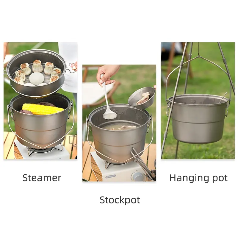 Camping Cookware Multifunctional Titanium Steamer Soup Pot Set with Lid Outdoor Camping Mess Kit