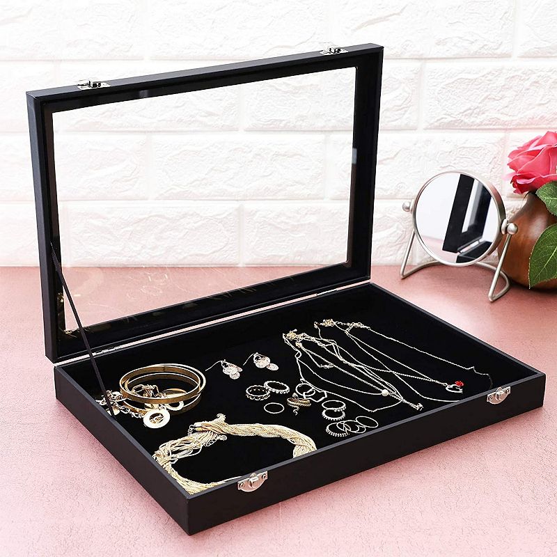 Black Velvet Jewelry Display Case for Rings， Bracelet and Necklace Organizer Box (14 x 9.5 In)