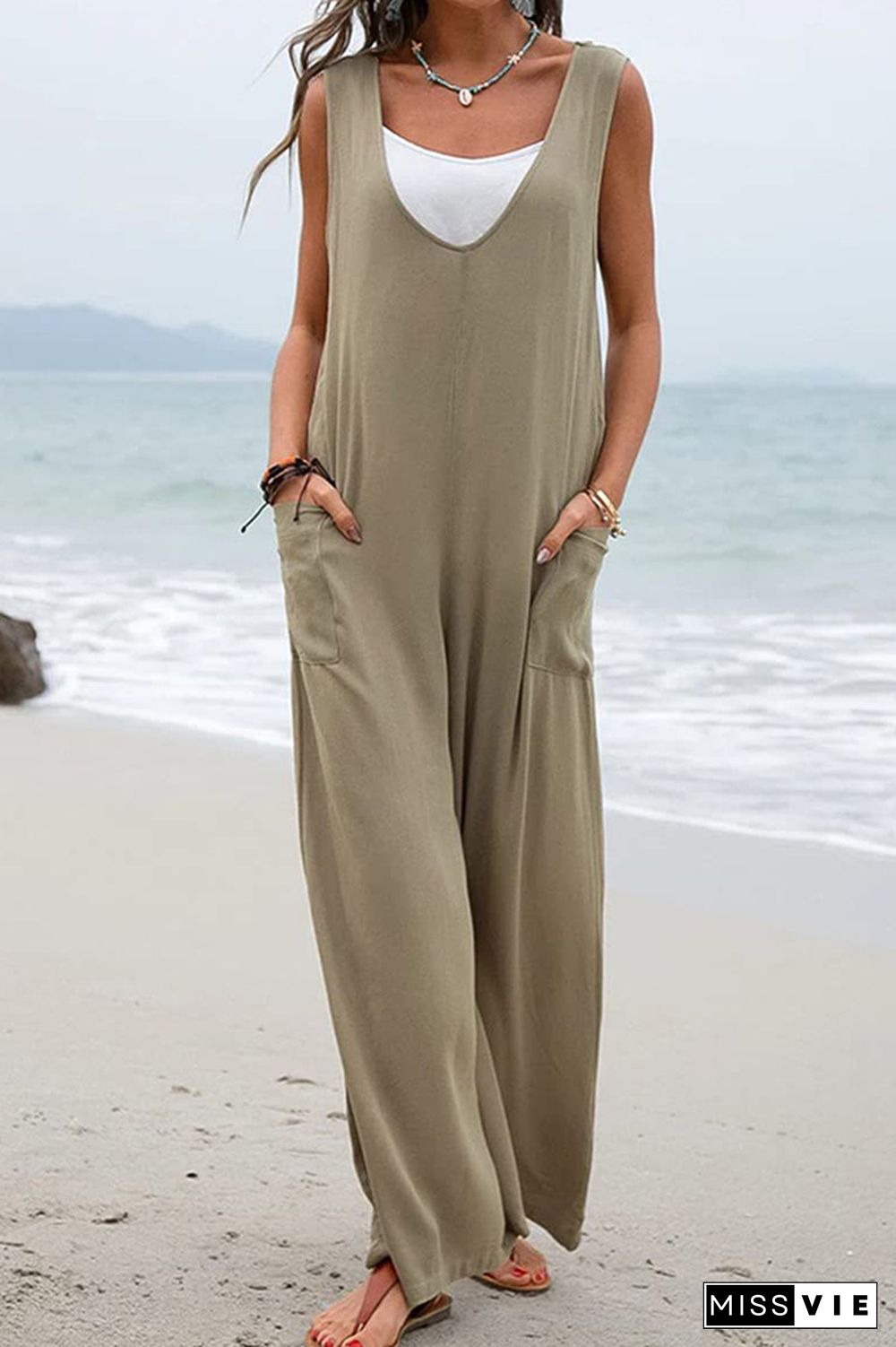 Plain V Neck Pockets Sleeveless Jumpsuit