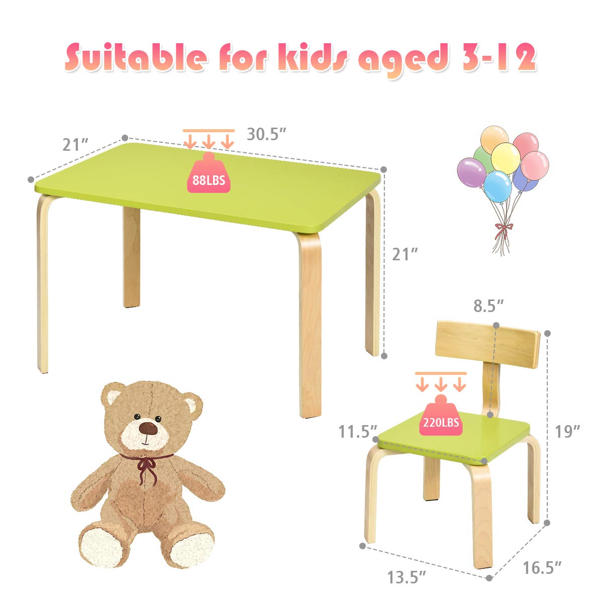 Costzon Kids Table and Chair Set, Wood Table and Chairs for Toddlers Reading, 3 Piece Furniture