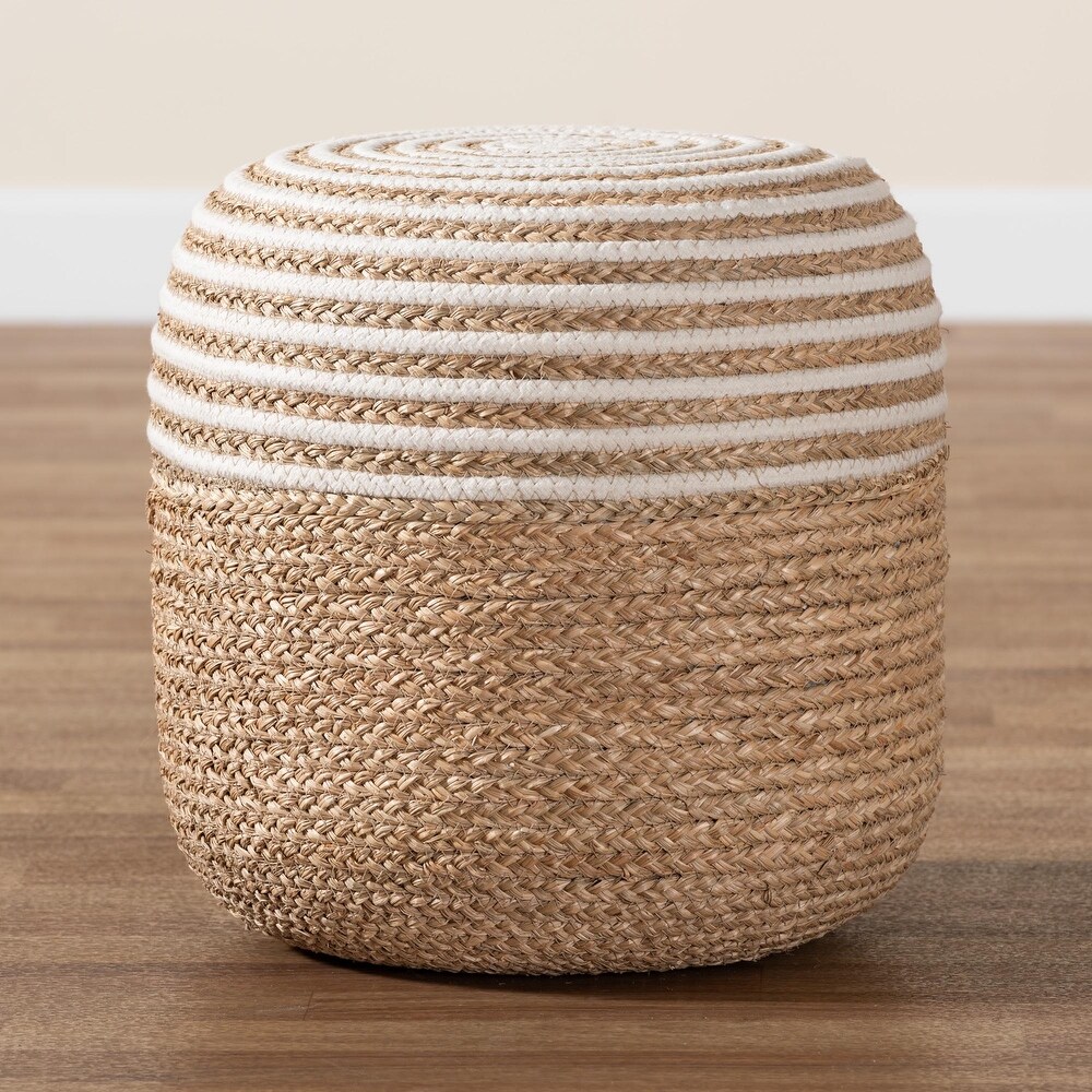 Nequiel Modern Bohemian Natural Brown Seagrass and Woven Rope Ottoman Footstool