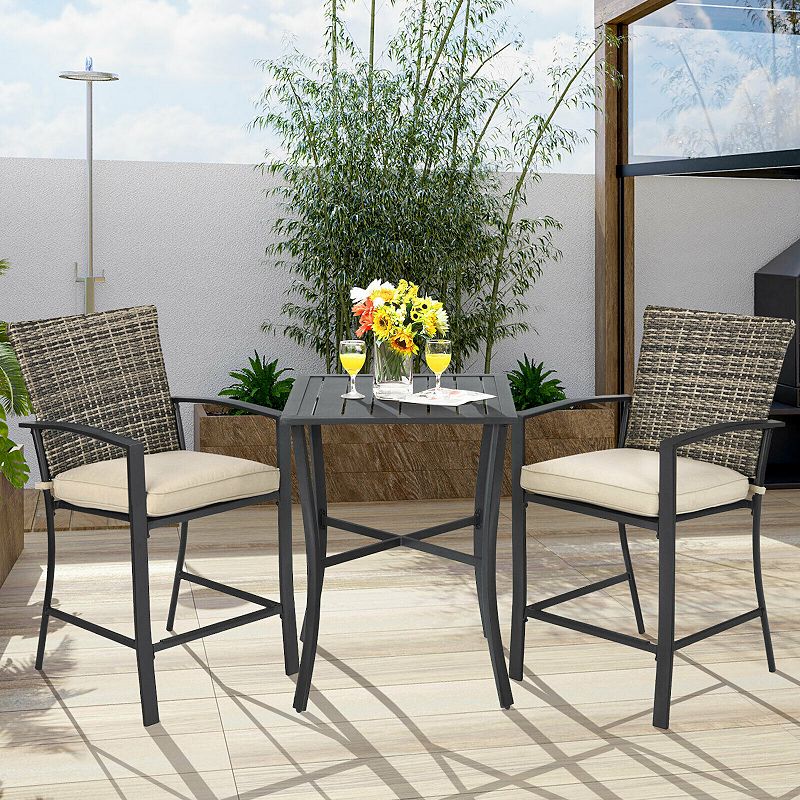 3 Pieces Patio Rattan Bar Furniture Set with Slat Table and 2 Cushioned Stools-Grey