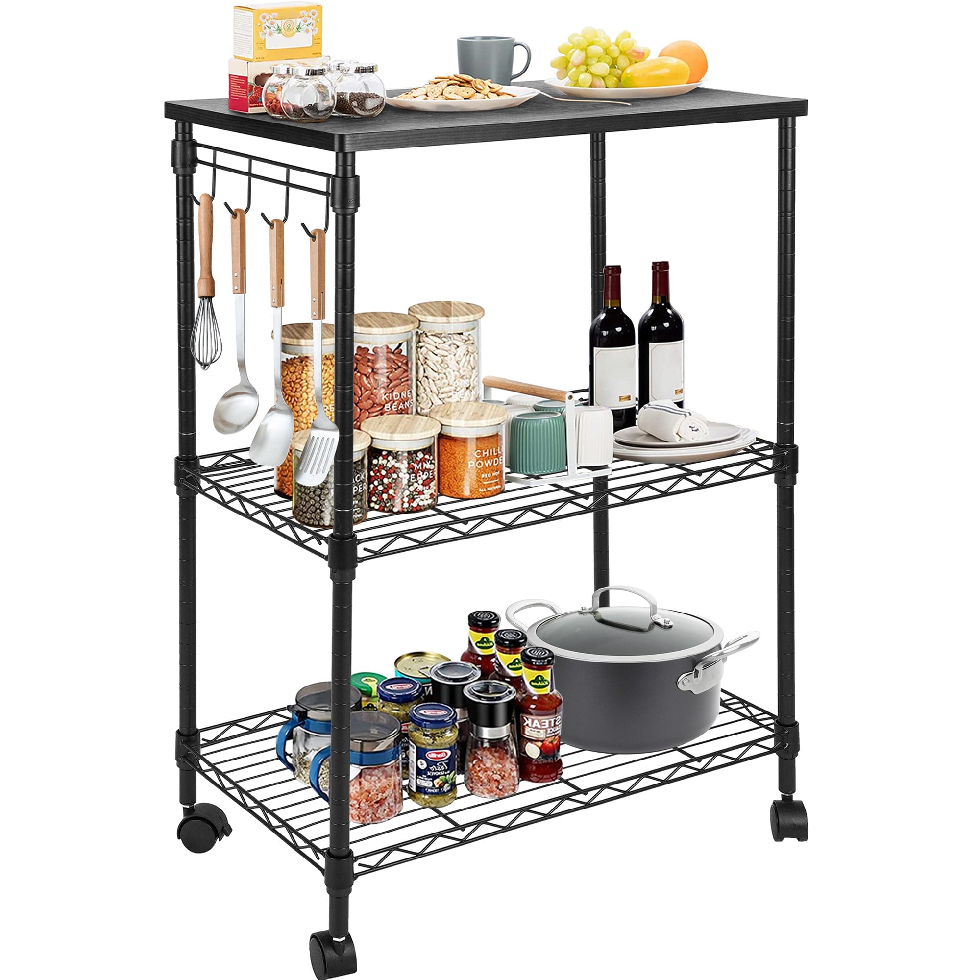 Rustic Kitchen Cart with Wheels and Storage， 3 Tier Metal Rolling Storage Cart with Side Hooks， Mobile Shelving Unit Storage Pantry Cart with Lockable Wheels， Wood Look Top and Metal Frame， Black