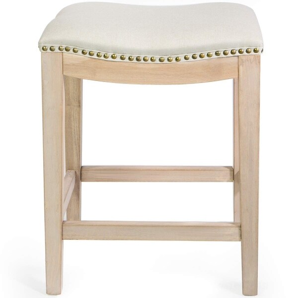 Set of 2 Bar Stools Beige 24 Saddle Backless Premium Padded Indoor/Outdoor Nailhead Cushion