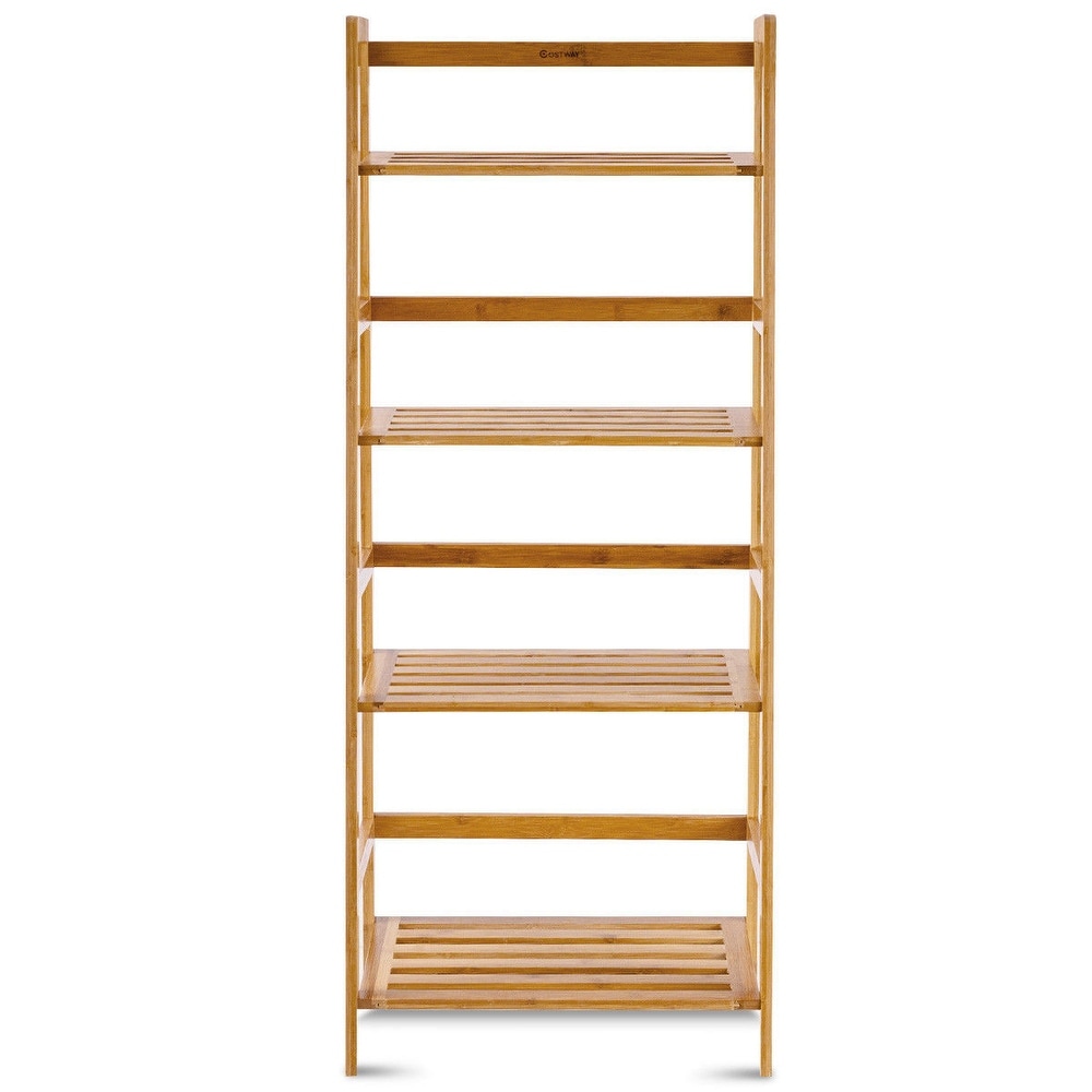 Costway Multifunctional 4 Shelf Bamboo Bookcase Ladder Plant Flower   19''x12.5''x47.5''