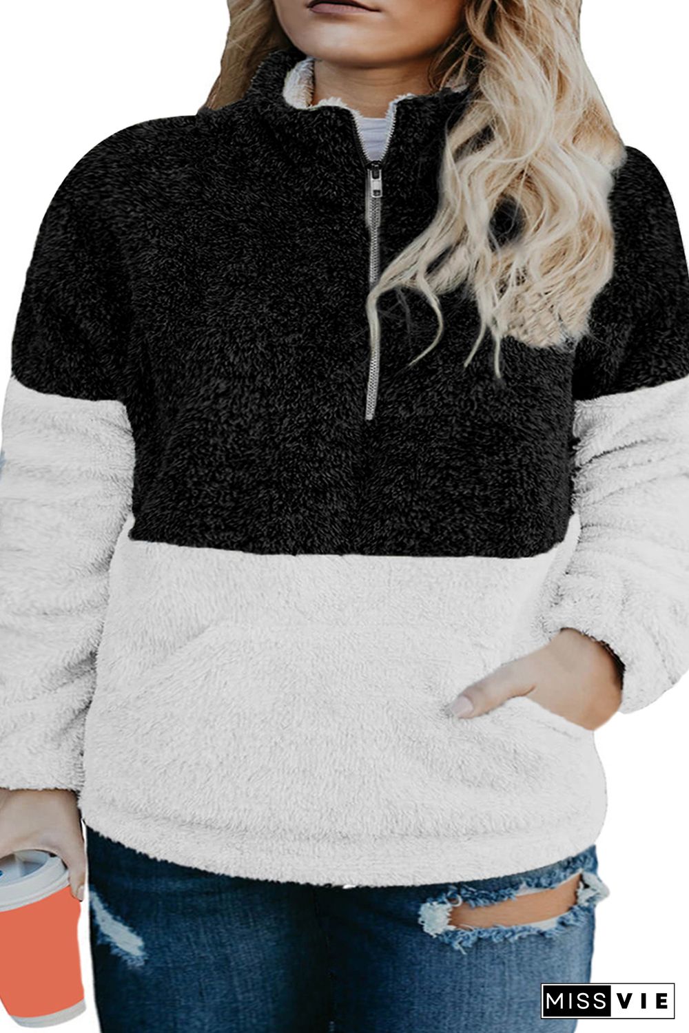 Black Colorblock Half Zipper Fleece Plus Size Sweatshirt with Pocket