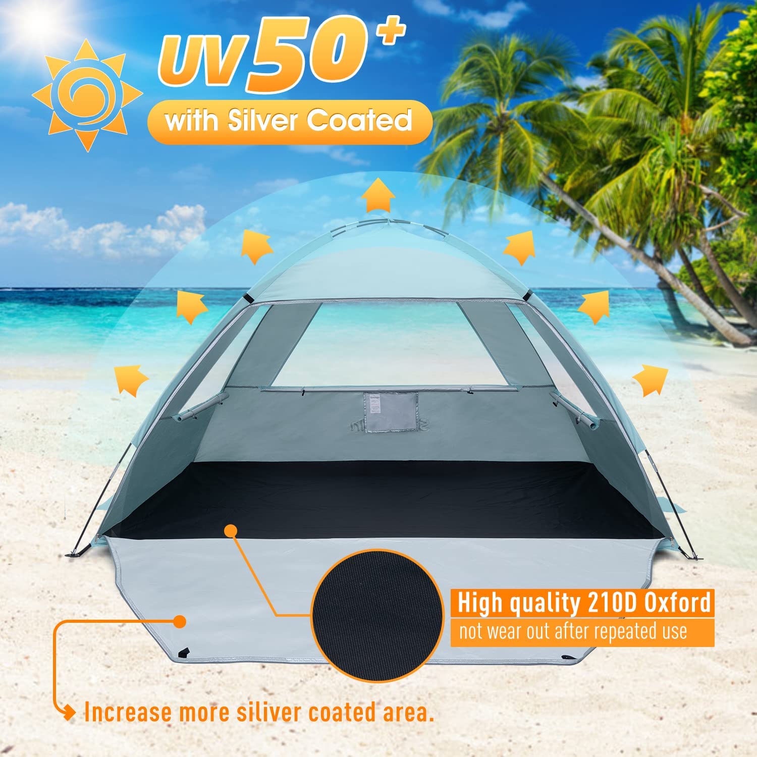 SweetBin Beach Tent Sun Shelter， Portable UV Sun Shelter Canopy Cabana with UPF 50+ UV Protection， Lightweight Beach Sun Shade Fits 3-4 Person