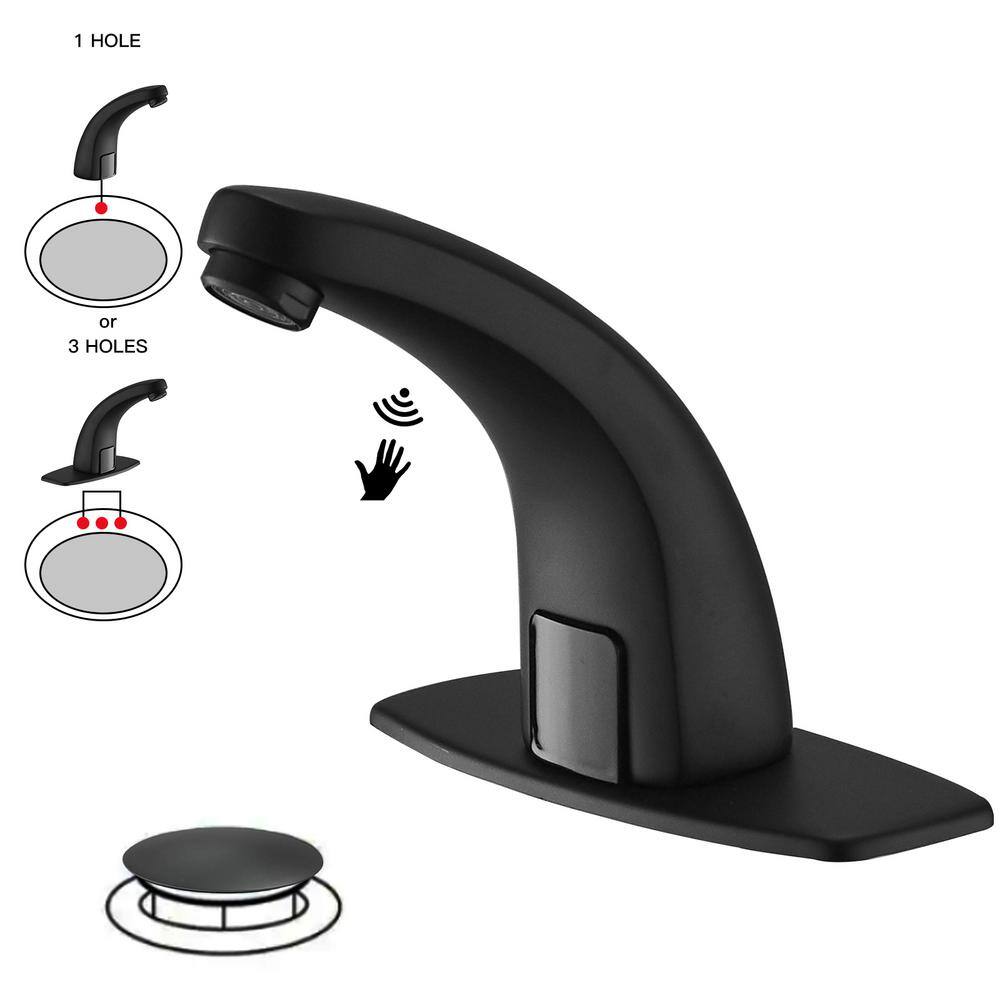 BWE DC Powered Commercial Touchless Single Hole Bathroom Faucet With Deck Plate  Pop Up Drain In Matte Black A-918102-B-2