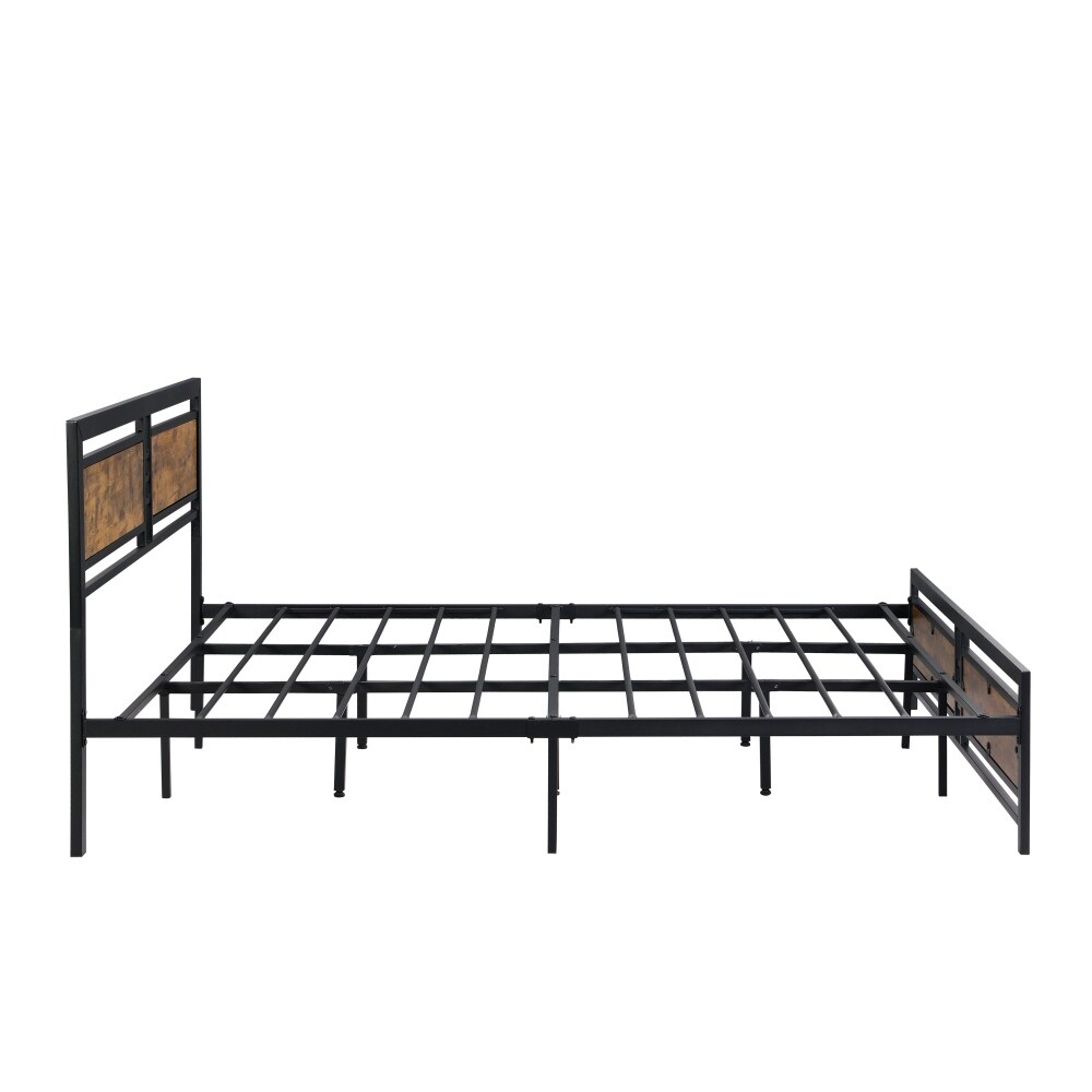 Metal Platform Bed Frame with Wood Headboard and Footboard