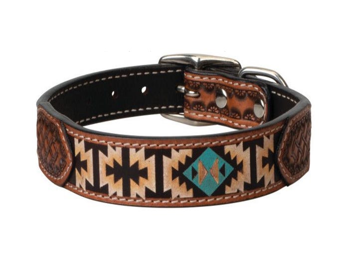 Weaver Pet Leather Dog Collar， Painted Aztec， 3/4