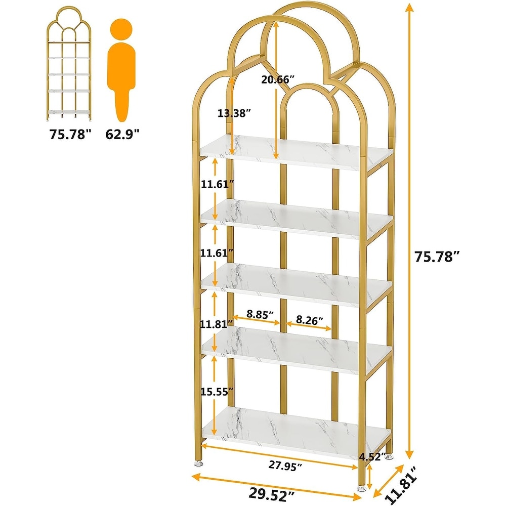 5 Tier White Bookshelf  Tall Bookcase with 5 Display Shelves for Living Room