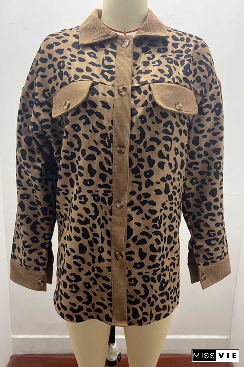 Leopard Print Corduroy Pockets Open Buttoned Jacket