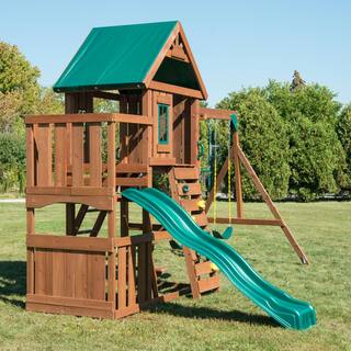 Swing-N-Slide Playsets Elkhorn Ready-To-Assemble Outdoor Wooden Playset with Slide Rock Wall Swings and Backyard Swing Set Accessories WS 8357