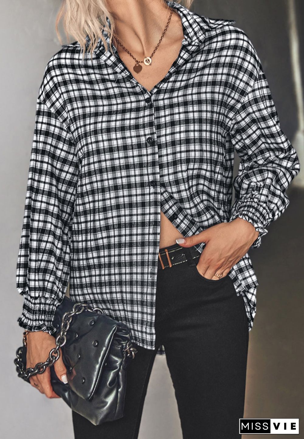 Checkered Print Shirred Cuff Blouse