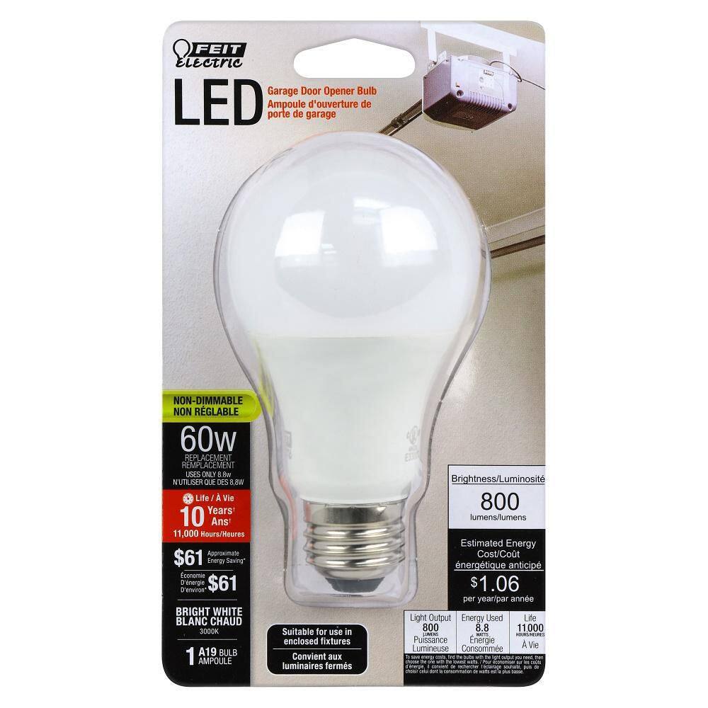 Feit Electric 60-Watt Equivalent A19 Non-Dimmable CEC Title 20 90+ CRI Garage Door Opener LED Light Bulb Bright White OM60930CA10KLEDGAR