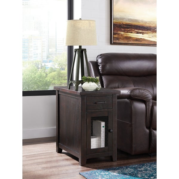 Rustic Chairside Table with hidden Charging Station， Solid Wood