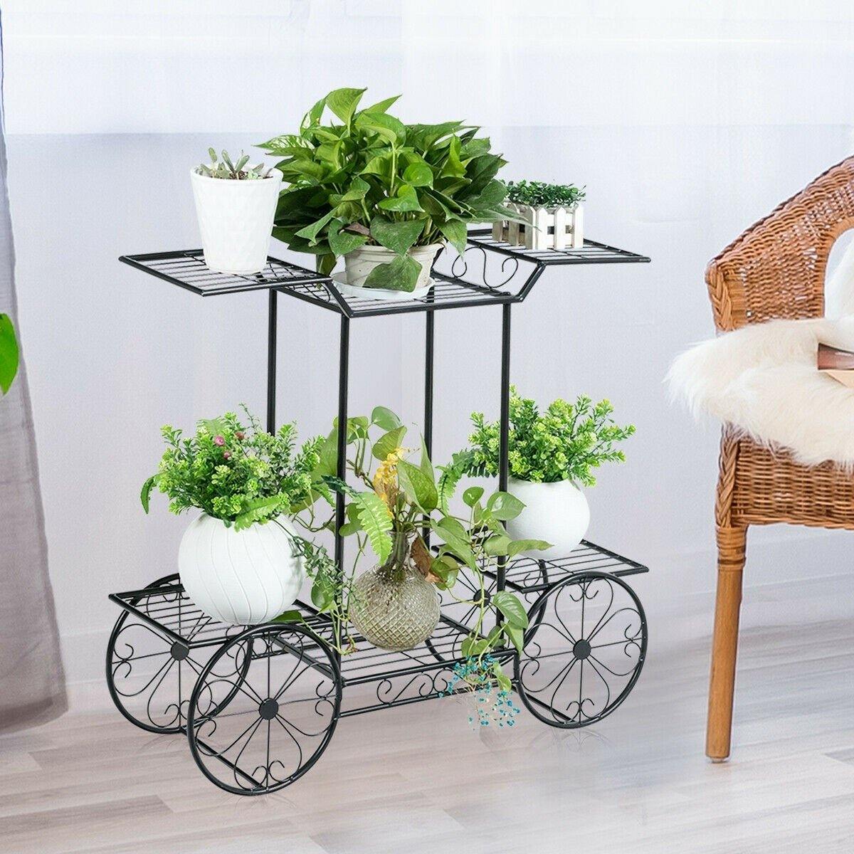 6-Tier Outdoor Garden Cart Metal Flower Rack Display Stand with 4 Wheels