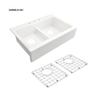 Glacier Bay Farmhouse Apron-Front Fireclay 34 in. 3-Hole Double Bowl Kitchen Sink in White with Bottom Grid 3ABRB-01-001