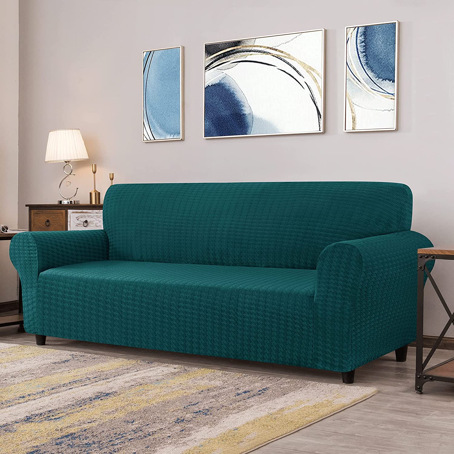 CHUN YI 1 Piece Stretch Houndstooth Sofa Slipcover Couch Cover (Teal, XL Sofa)