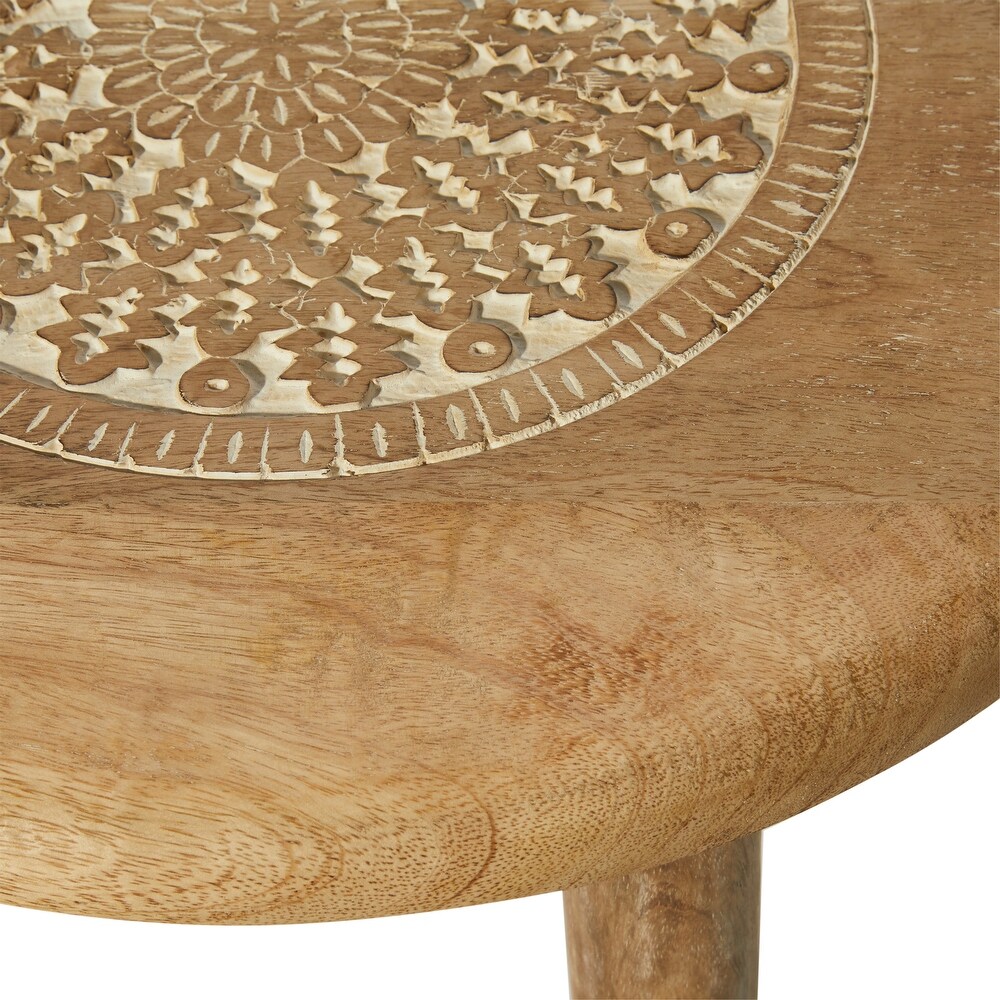Wood Handmade Intricately Carved Floral Accent Table with 3 Slender Legs