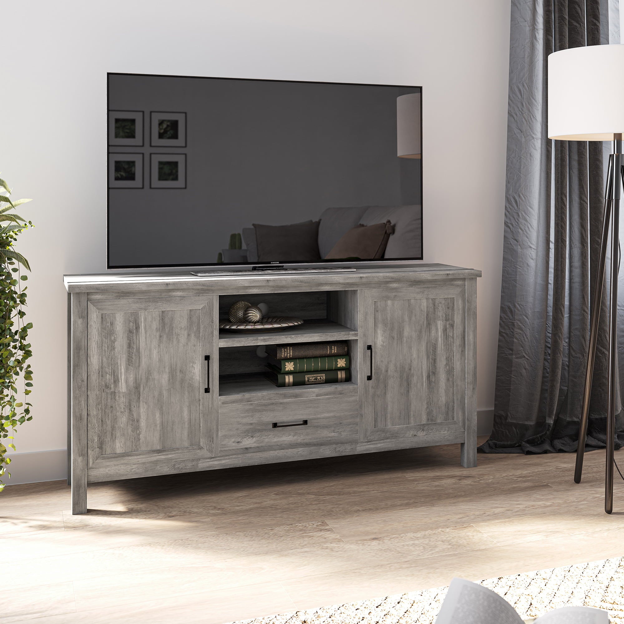 BELLEZE Modern 60 Inch Farmhouse TV Stand or Entertainment Center for TVs Up to 65 Inches, Sideboard Kitchen Buffet Storage Cabinet with Shelves and Storage - Virat (Gray Wash)