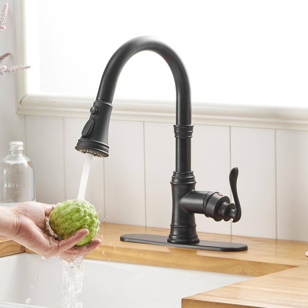 BWE Single-Handle Pull-Down Sprayer 3 Spray High Arc Kitchen Faucet With Deck Plate in Matte Black A-94551-Black