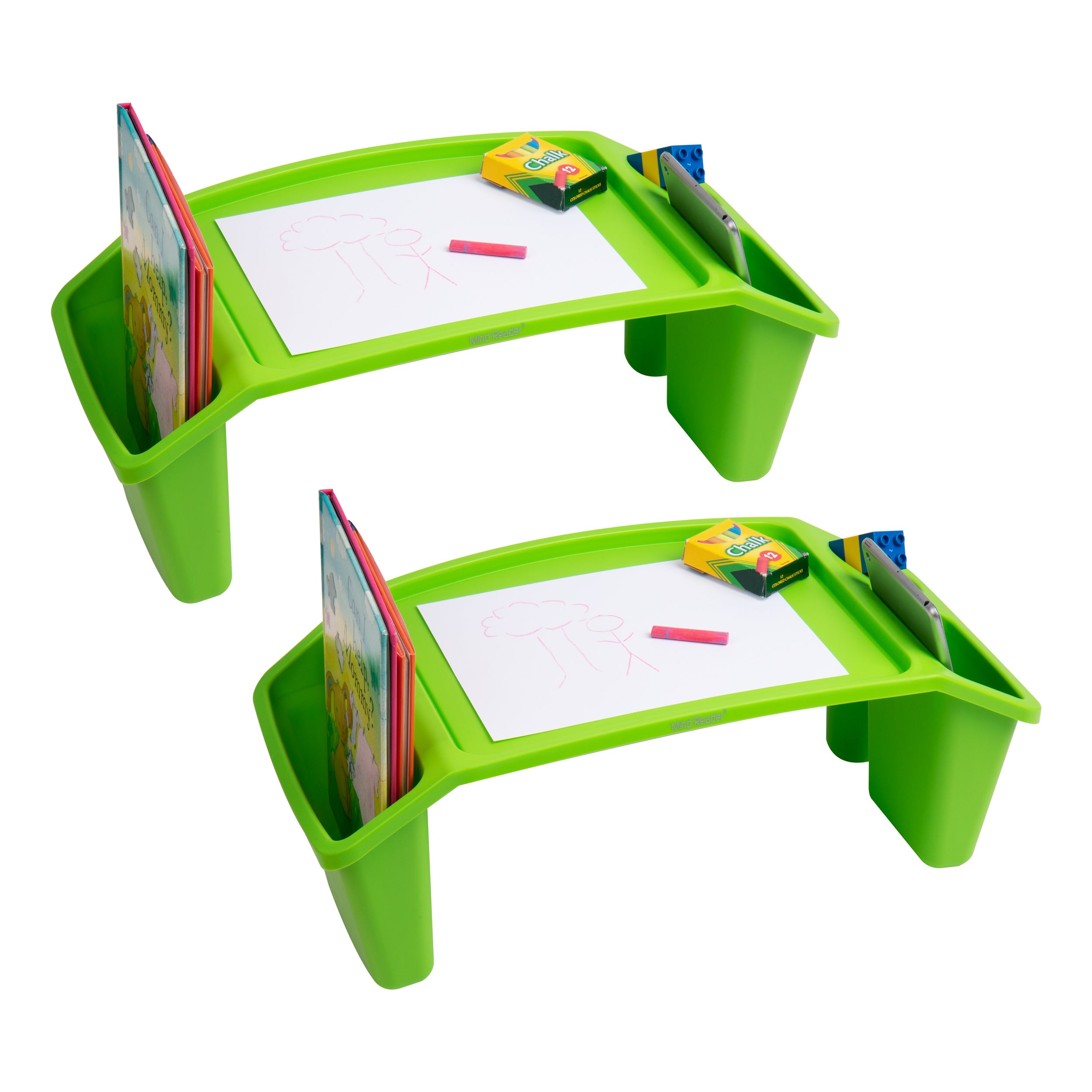 Mind Reader Kids’ Lap Desk, Freestanding Portable Table with Side Pockets for Coloring Books, Tablets, Toys, Reading, Snacks, Plastic, Green, 2-Pack