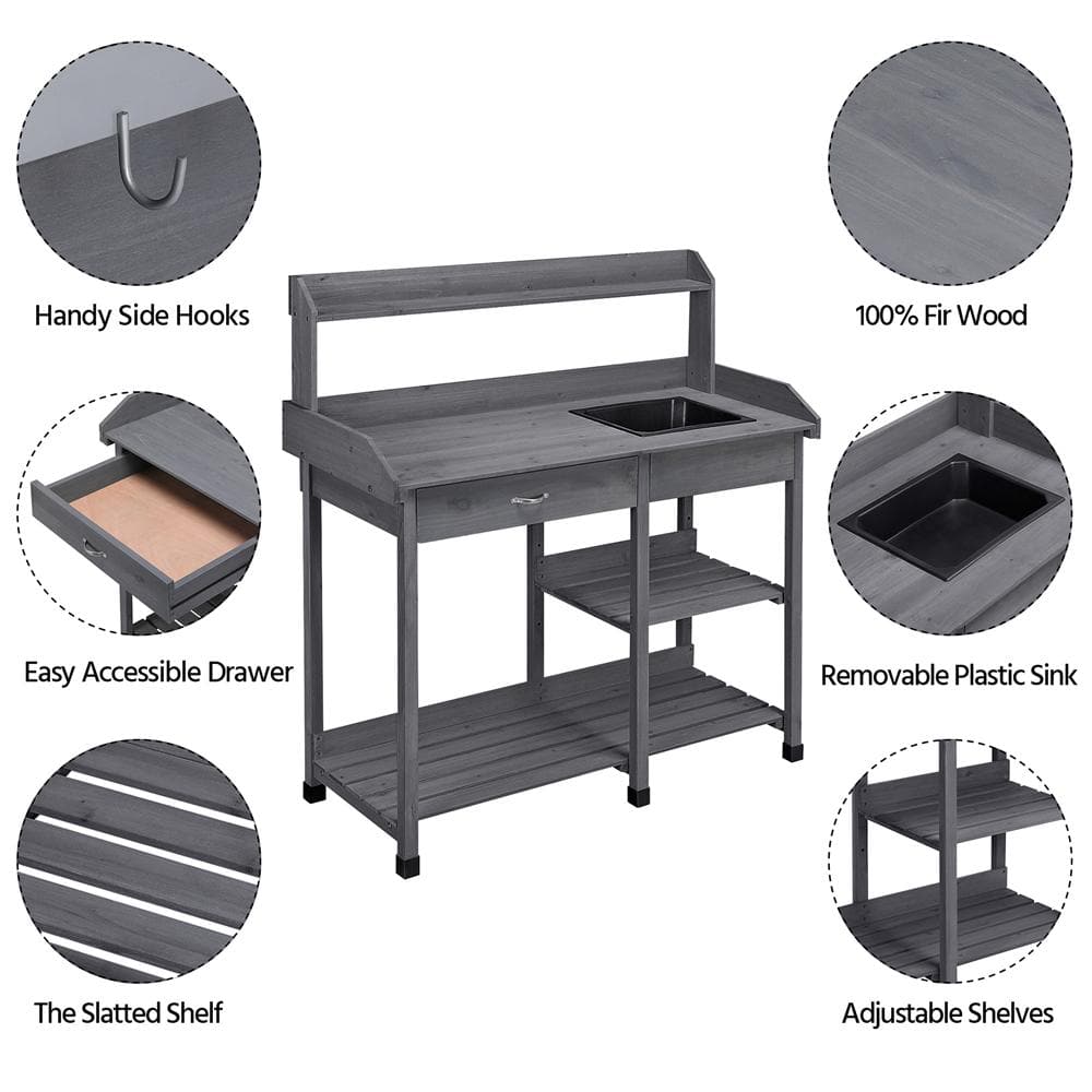 Yaheetech Outdoor Solid Wood Potting Bench with Drawer Adjustable Shelf Rack and Removable Sink DY64l90001