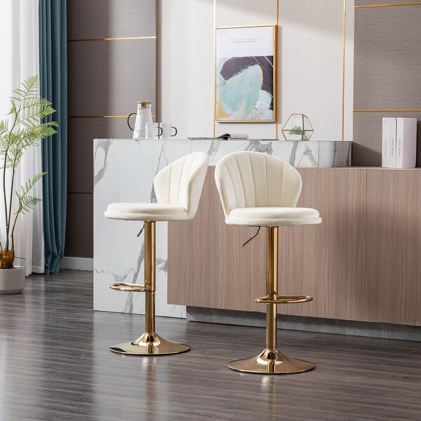 Modern Bar Stools Set of 2 Adjustable Mechanical Lifting Velvet and Golden Leg Bar Stool， Chrome Footrest and Base Swivel Height