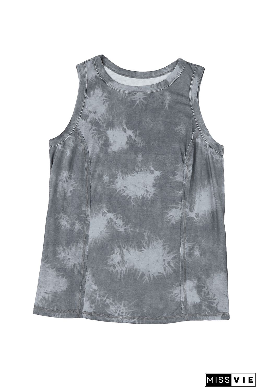 Gray Tie Dye Print Seamed Crew Neck Tank Top