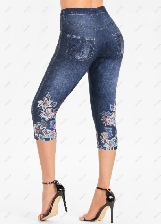 Draped Cowl Neck Ruched Short Sleeve T Shirt And Flower Faux Denim 3D Print Skinny Leggings Outfit