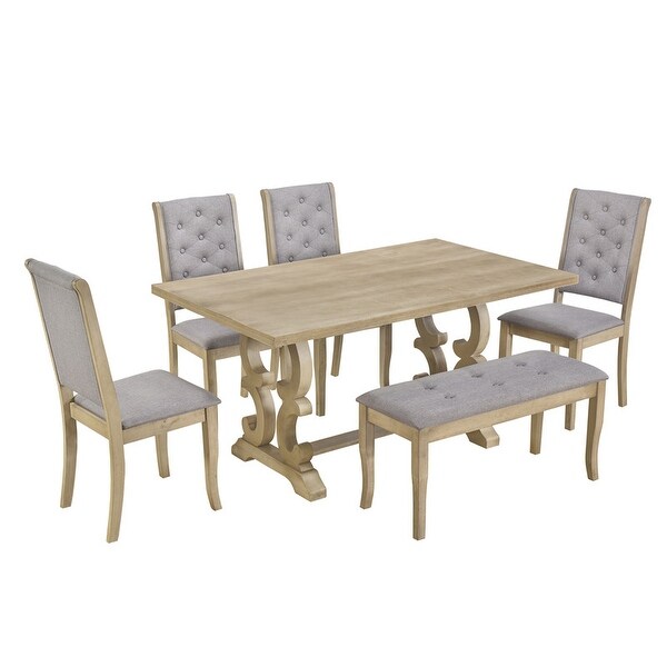 Wood Dining Table Set w/Trestle Table， 4 Upholstered Chairs and Bench， 6-Piece Set