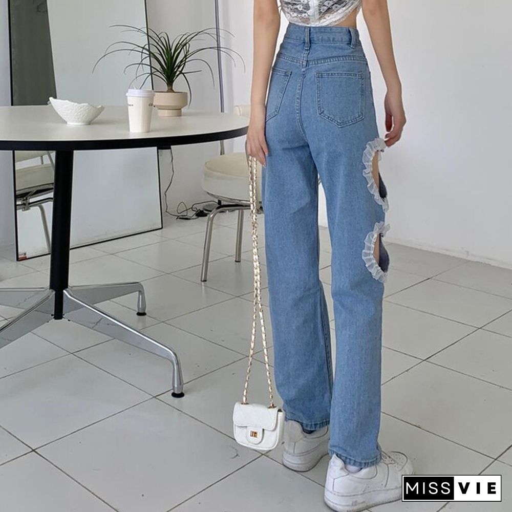 Vintage Gothic Streetwear Hollow Out Jeans Women Summer Loose Wide Leg Pants Fashion High Waist Denim Pants Straight Trousers