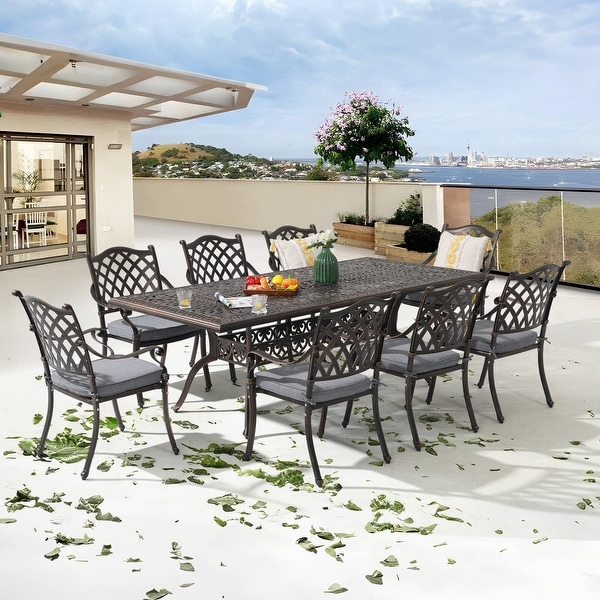 Aluminum 9Piece Outdoor Rectangular Dining Set with Cushions and Umbrella hole