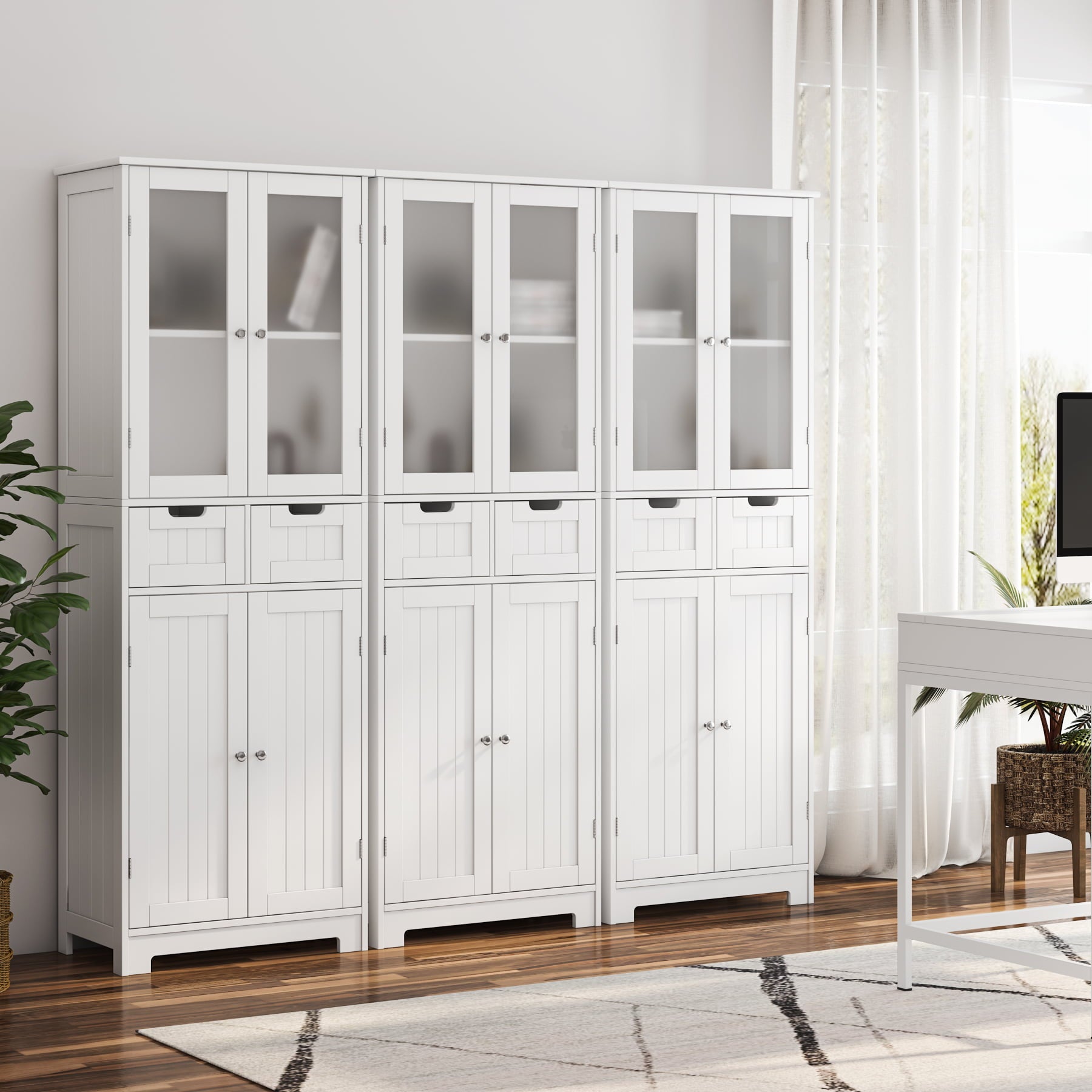 Homfa 4 Doors Linen Storage Cabinet, 3-Tier Wood Tall Cabinet Cupboard with 2 Drawers for Living Room Bathroom, White