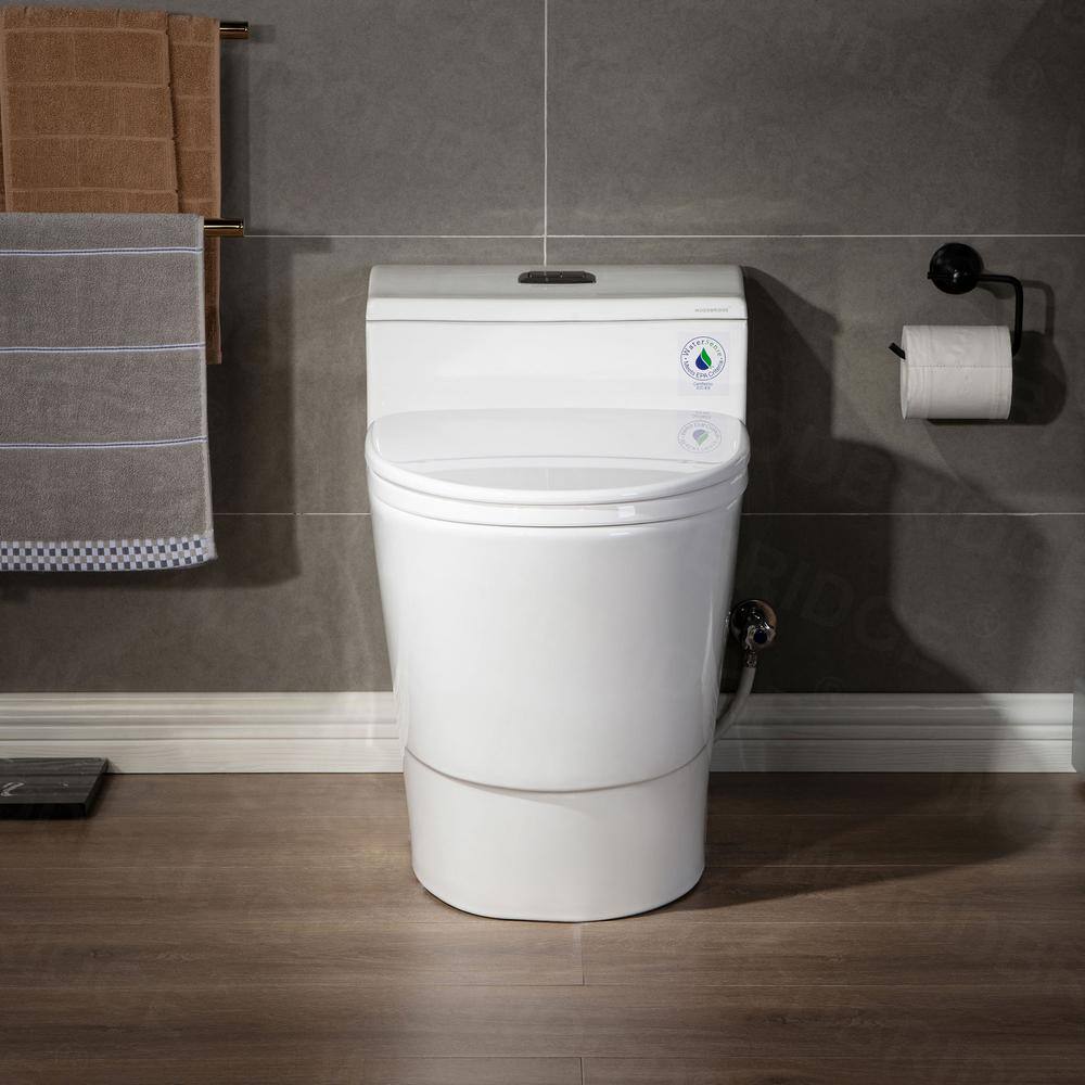 WOODBRIDGE Conserver 1-Piece 1.28 GPF High Efficiency Dual Flush Elongated All-in-One Toilet in White with Seat Included HB0735MB