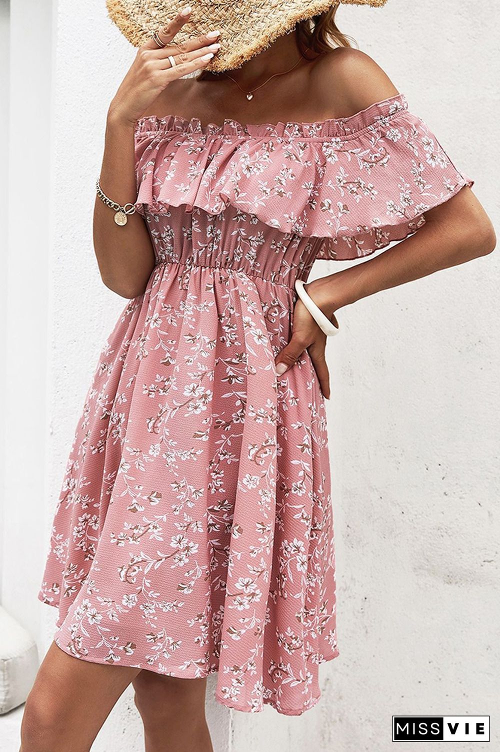 Pink Floral Off Shoulder Mini Dress Wholesale