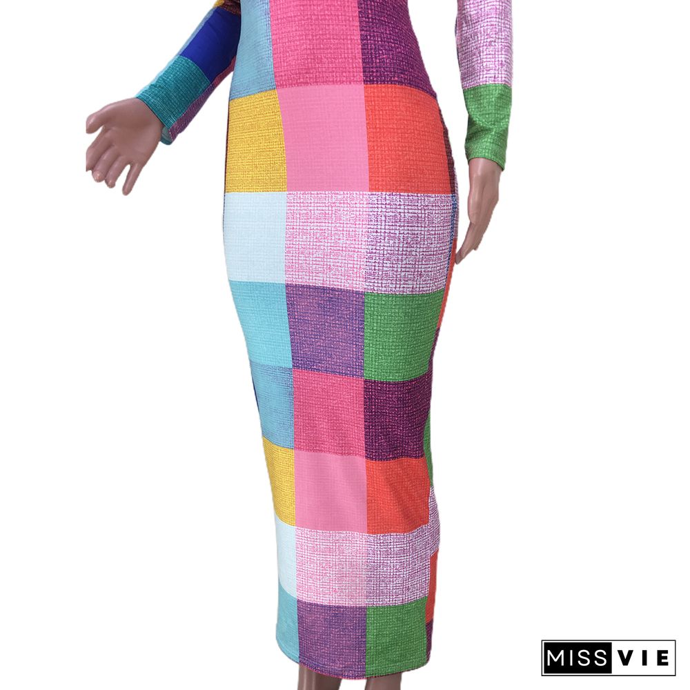 Colorful Plaid Printed Long Sleeve Bodycon Dresses