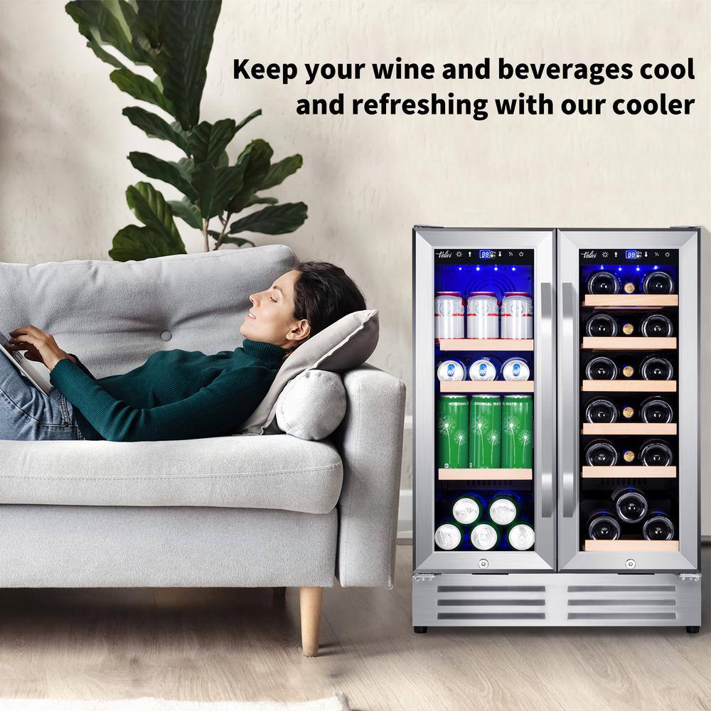 Velivi 24 in.Dual Zone 18-Wine Bottles and 88-Can Built-In and Freestanding with French Door Beverage Cooler in Stainless Steel KMYL120HD