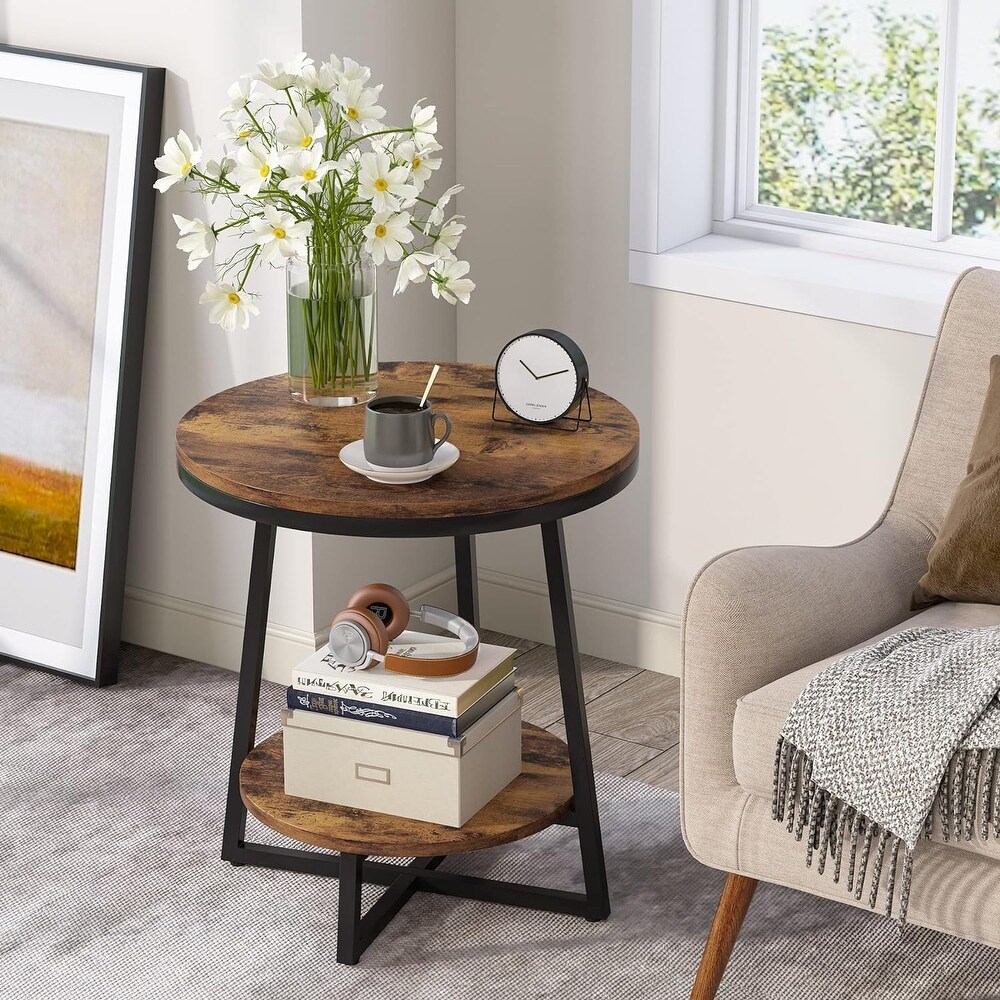 2 Tier Industrial Round Side End Table with Storage Living Room