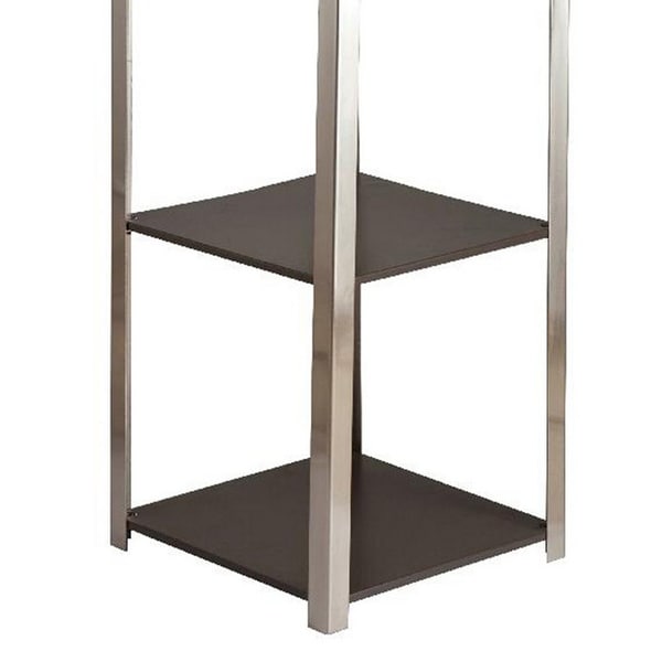 2 Shelf Wooden Side Table with Attached Floor Lamp， Silver and Brown