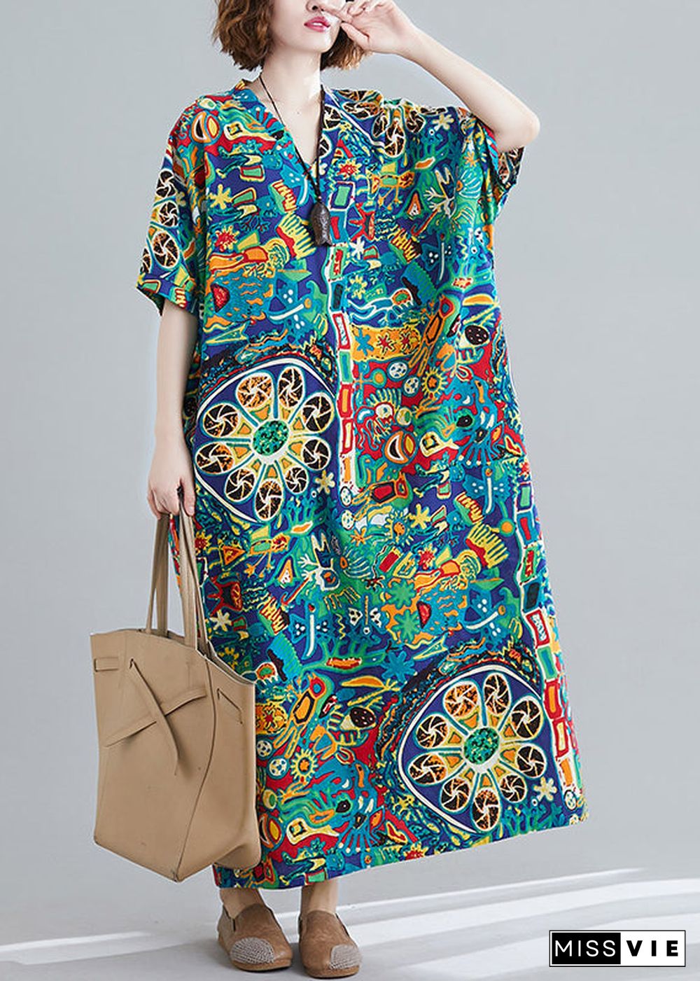 Plus Size V Neck Print Holiday Long Dress Short Sleeve